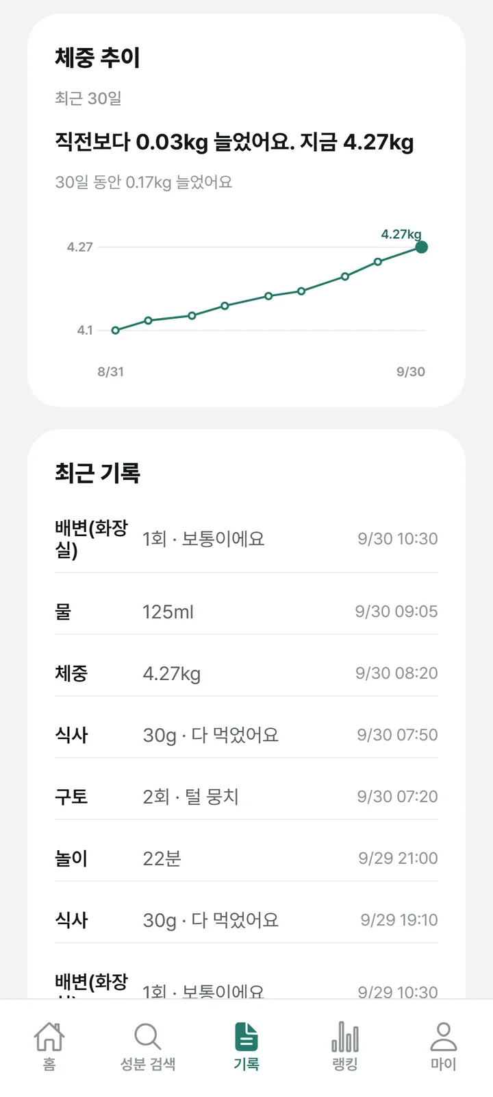 반려IN 앱 기록 화면. 최근 30일 체중 추이 그래프와 최근 기록 목록이 보여요.