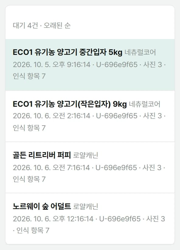 반려IN 관리자 웹 제보 검수 큐의 대기 목록. 제보마다 제품 이름과 브랜드, 접수 시각, 익명 제보자 번호, 사진 수와 인식 항목 수가 보여요.